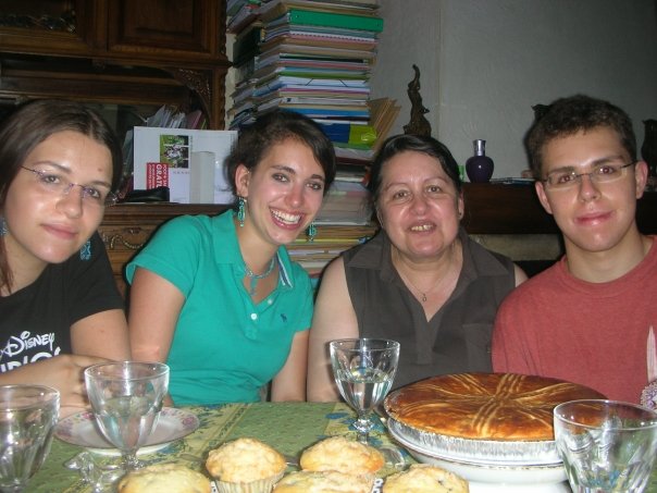 Rachel with a host family in France